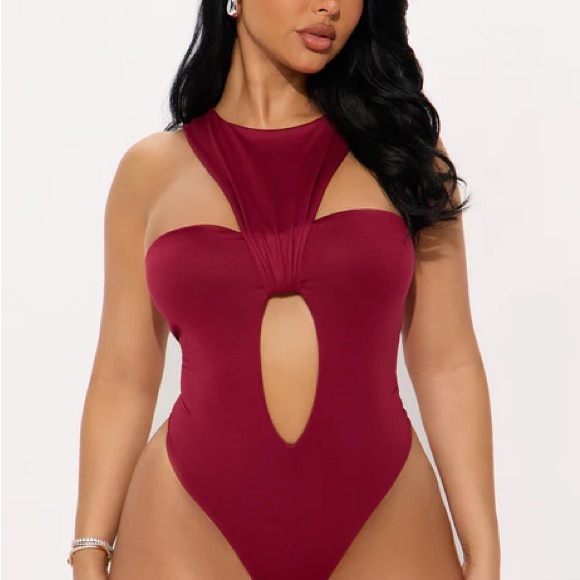 Fashion Nova Tops - Double Lined High Neck Bodysuit - Burgundy